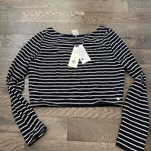 CALIA Black and White Striped Long Sleeve Crop Top Rashguard